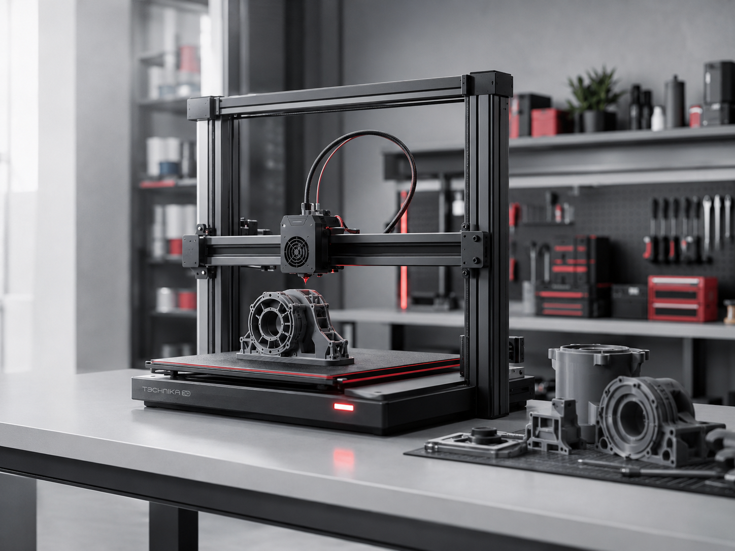 Drukarka 3D i zestaw gotowych części technicznych.